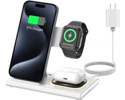 Opvouwbaar 3-in-1 oplaadstation geschikt voor Apple-producten, draadloze oplader voor iPhone 17 16 15 14 13 12 Pro Max, reisdock met adapter en licht voor iWatch Series 11 10 9 Ultra 3/2 SE 3/2, geschikt voorAirPods 4 3 2 Pro 3/2