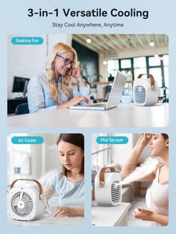Draagbare Airco en Luchtbevochtiger 2-in-1 - Tafelventilator met 3 Snelheden - Oplaadbaar via USB - Voor Thuis, Kantoor en op Reis - 1 Stuk (Wit) — thumbnail 3