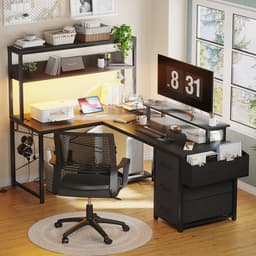Gaming Bureau met LED Verlichting - 148x100x148 cm - L-Vormig Hoekbureau met Stopcontact - 3 Non Woven Lade - Gaming Desk - Computer Tafel - Gaming Tafel - met Opbergplanken, Tas & IJzeren Haak - Zwart - Bureau voor Gamen, Studeren en Werken — thumbnail 3