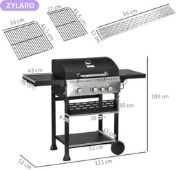 Gasbarbecue - Gasbarbecue en Gasgrill - 4 Branders & 1 Zijbrander - Grillwagen - met Grillrooster, Wielen, Bijzettafels, Drukregelaar, Slangen, Thermometer en Warmhoudplaten - 123 x 52 x 101 cm - Zwart — thumbnail 2