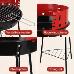 Cheqo® Houtskoolbarbecue - Houtskool Barbecue - Ronde Barbecue - Staande Barbecue - Houtskoolgrill - Tuinbarbecue - Compacte Barbecue voor Balkon en Camping - Barbecue met Verstelbaar Rooster - Houtskool BBQ - Zwart en Rood — thumbnail 5