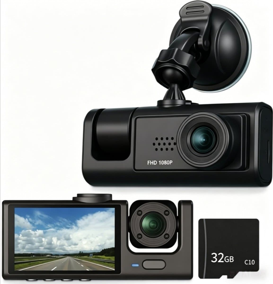 Driecamera-dashcam - 170° groothoek - Drie camera's voor, in en achter de auto - Full HD - 2-inch scherm - Nachtzicht en botsingsdetectie - Cyclische opname - Achteruitrijbeeld - Inclusief 32 GB SD-kaart — afbeelding 1