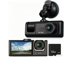 Driecamera-dashcam - 170° groothoek - Drie camera's voor, in en achter de auto - Full HD - 2-inch scherm - Nachtzicht en botsingsdetectie - Cyclische opname - Achteruitrijbeeld - Inclusief 32 GB SD-kaart