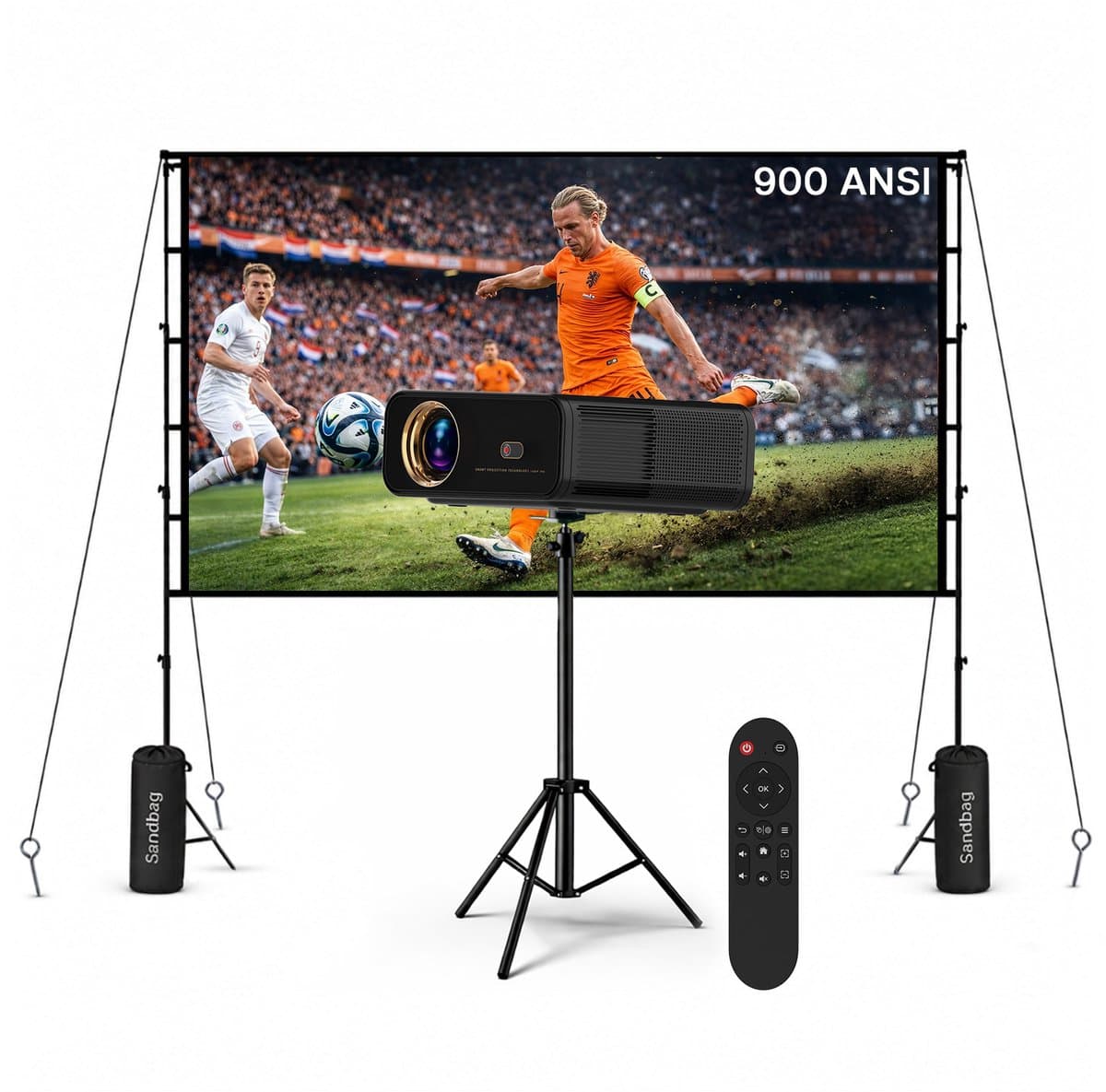 Beamer met WiFi & Bluetooth, 100 Inch Projectiescherm & Standaard van MMOBIEL – Native 1080P, 900 ANSI, 4K Ondersteuning, Automatische Keystone Correctie, 50-300 Inch – Voor HDMI, USB, iOS & Android — afbeelding 1