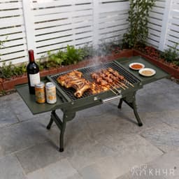 KHYR® CARRYFIRE BBQ Grill – NIEUW mei 2026 - Opvouwbare Draagbare Houtskool BBQ Grill – Portable Camping Barbecue – Tafel Barbeque - Draagbare Grill met Zijtafels – 45 x 30 cm Grilloppervlak – Voor Camping, Tuin, Outdoor BBQ - incl. Grijp spatel — thumbnail 2