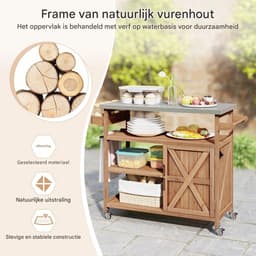 Buitenkeuken op Wielen – BBQ Trolley – Met Opbergkast & Planken – Werktafel voor Buiten – Hout & Metaal – Multifunctioneel – Koffie + Zilver — thumbnail 4