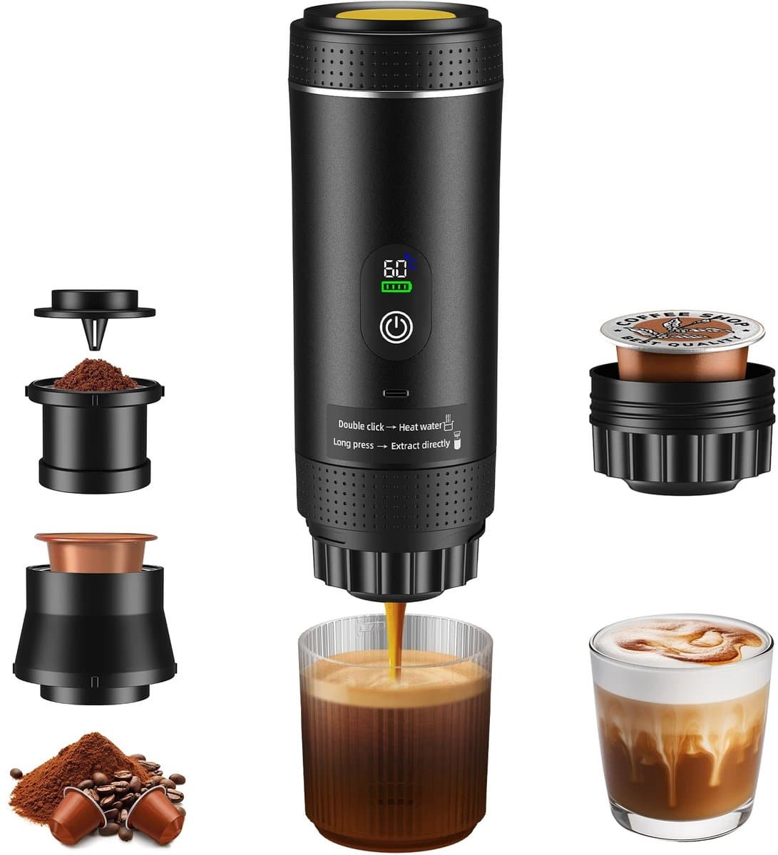 Stervia Draagbare Koffiemachine - Reiskoffiezetapparaat - Tot 5 Kopjes Koffie - Capsules En Poeder - USB C ingang - Zwart - 25 x 7,4 cm — afbeelding 1