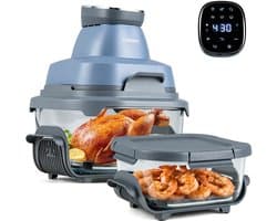 COSTWAY Draagbare Air Fryer heteluchtfriteuse 4 l/1,7 l, 6-in-1 Airfryer 1500 W heteluchtfriteuse en bakken, heteluchtfriteuse met 2 uitneembare glazen containers en deksel, voor camping, thuis (blauw)
