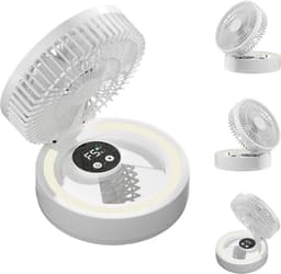 Ulisem - Staande ventilator - 5 snelheden - 1800mAh oplaadbaar - Met make-upspiegel en verlichting - Ingebouwde timer - Opvouwbaar en draagbaar - Voor slaapkamer en kantoor - Wit — thumbnail 1