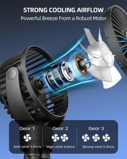 Draagbare Mini Stokbroekventilator - Kleine Oplaadbare Persoonlijke Ventilator - Baby Reis Essentials voor Wagen & Autostoel - 360° Draaibaar, 3 Snelheden, Display - Zwart - 1 Stuk — thumbnail 2
