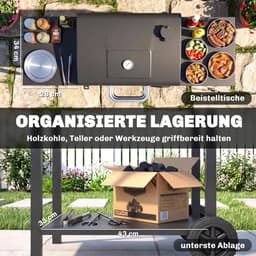 Houtskoolgrill met Deksel – BBQ Smoker Grill met 2 Zijtafels, Groot Grilloppervlak, Thermometer en Wielen – 110 x 46,5 x 101 cm / 43,3 x 18,3 x 39,8 inch – Zwart — thumbnail 2