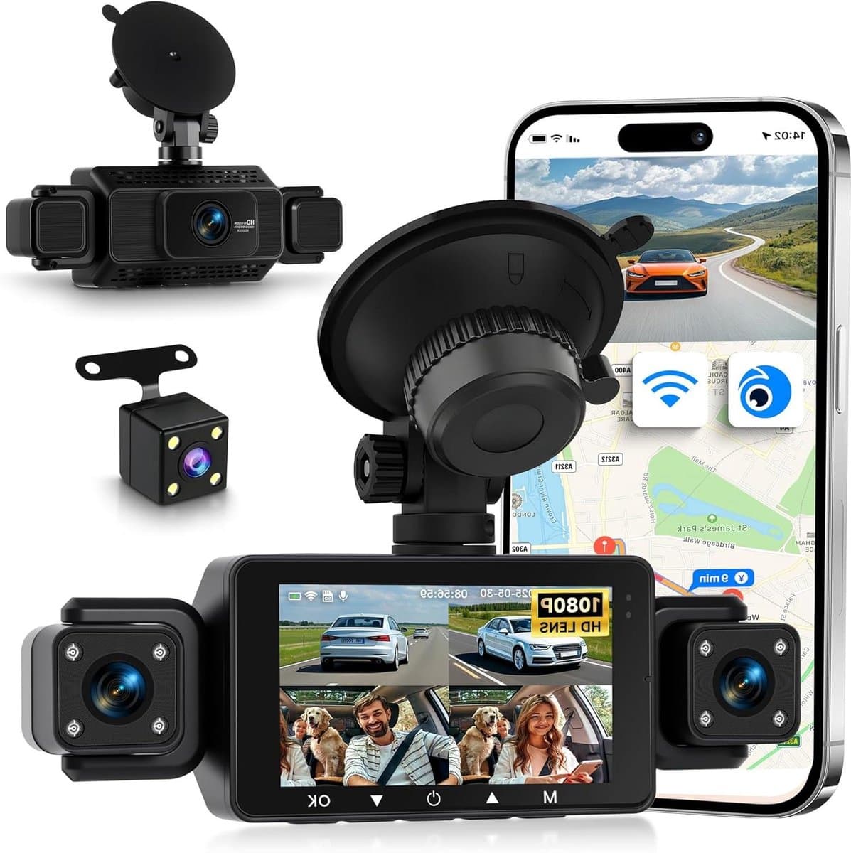 Dashcam 4 Kanaals - Auto Camera WiFi - Verkeersincidenten Vastleggen - 360 Graden Opname - 150 Graden Kijkhoek - Zwart — afbeelding 1