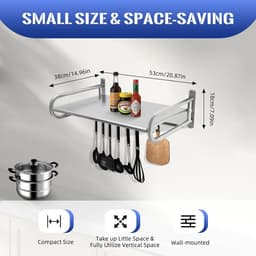 Wandhouder magnetron roestvrij staal magnetron, met 6 hangende haken, magnetronhouder, magnetronhouder, wandbevestiging, zwart, 53 x 38 x 18 cm — thumbnail 3