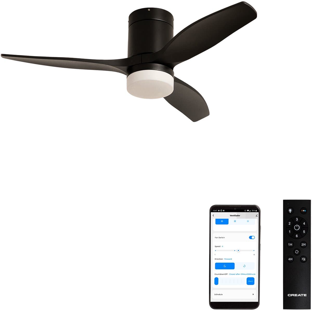 CREATE - Stille 40W plafondventilator met technische ABS bladen (Ø112cm) (ruimtes ≤10m²) - Zwart - Met licht - WIFI+Afstandsbediening - WIND CALM — afbeelding 1