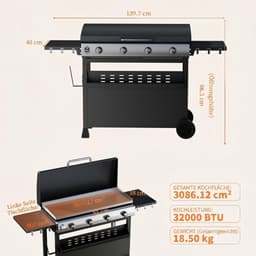 Gasbarbecue met 4 branders en een vermogen van 32.000 BTU – barbecuewagen met een vlakke bakplaat van 3086 cm² – draagbare barbecue die zowel vrijstaand als op tafel kan worden gebruikt – weerbestendige kap – roestvrijstalen branders — thumbnail 2