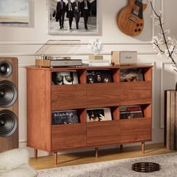 BROTTAR 47,2" platenspelermeubel bruin, vinylplatenkast voor 7"/10"/12" LP's, 6 opbergvakken, retro platenspelerkast voor woonkamer, muziekhoek en vinylverzameling — thumbnail 1