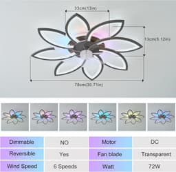 8 Bloem Ventilator Lamp - RGB 12 Kleuren - Zwart - Moderne Plafondlamp Ventilator - 6 Standen - Wit - Dimbaar - Plafondventilator — thumbnail 5