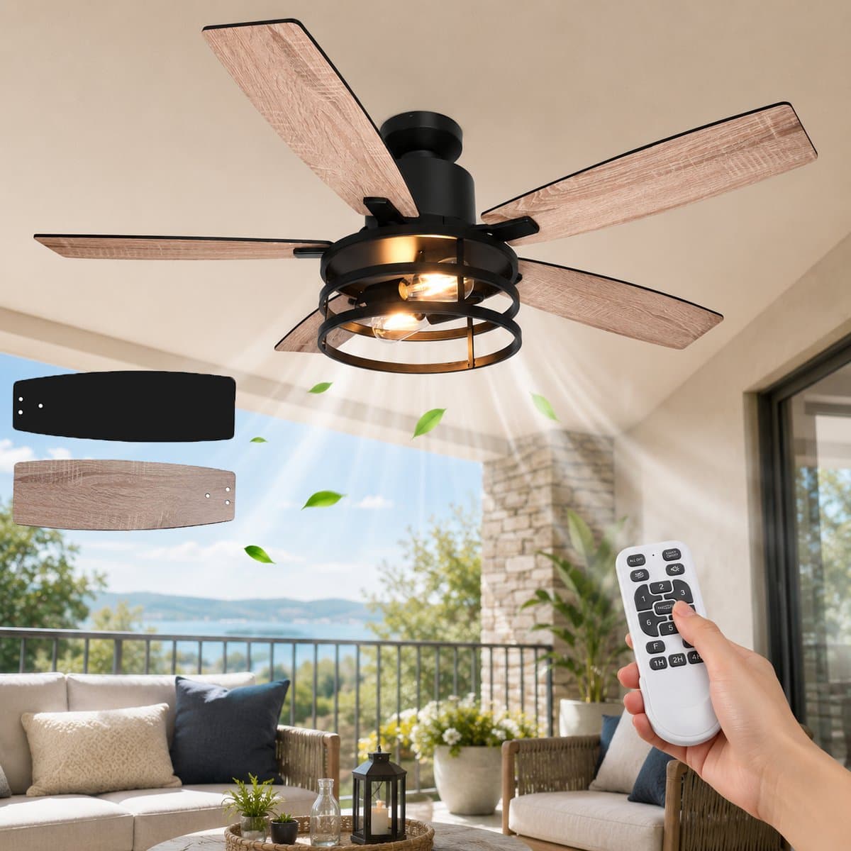 MUPOO Extra Groot Plafondventilator met Verlichting 132cm-Energiezuinige DC Motor&Afstandsbediening-Muisstil <35DB- Zomer-en winterstand-6 Snelheden & Timer--ventilator lamp plafond voor Veranda,Overdekt terras & Keuken-Walnoot — afbeelding 1