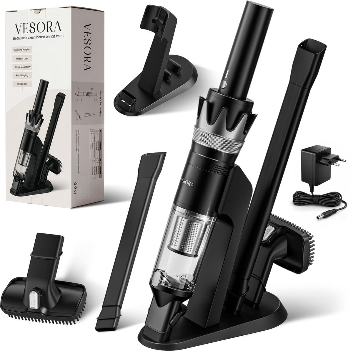 Vesora® 3-in-1 Kruimeldief - Kruimelzuiger Snoerloos - Krachtige Handstofzuiger met Opzetstukken en Steel - Ook Voor Dierenharen - Stofreiniger - Autostofzuiger - Air Duster - HEPA-filter - Draadloos - Best Verkocht - Zwart / Zilver — afbeelding 1