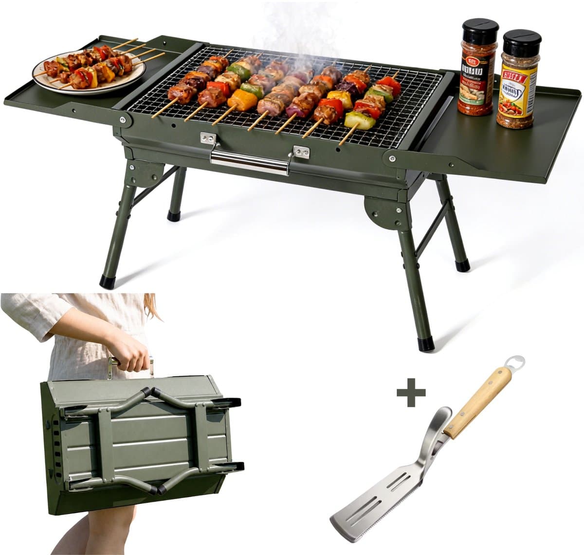 KHYR® CARRYFIRE BBQ Grill – NIEUW mei 2026 - Opvouwbare Draagbare Houtskool BBQ Grill – Portable Camping Barbecue – Tafel Barbeque - Draagbare Grill met Zijtafels – 45 x 30 cm Grilloppervlak – Voor Camping, Tuin, Outdoor BBQ - incl. Grijp spatel — afbeelding 1