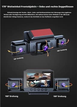 Dashcam Auto 360 graden - 4 camera's-1080p Full-HD, Inclusief 64GB geheugenkaart, wifi, nachtzicht, G-sensor, bewegingsdetector, 3 inch IPS-display, waterdicht, loop-opname,trigger bij ongevallen-WDR — thumbnail 4