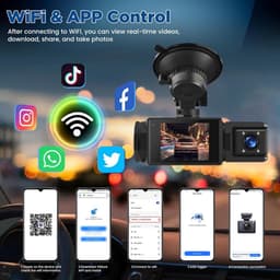 WiFi Dashcam voor Auto – 3-kanaals Draadloze Dashcam met App, Voor Binnenin Achter Camera, Full HD 1080P, 2” IPS-scherm, Nachtzicht, Bewegingsdetectie, Loopopname, 64GB-kaart Inbegrepen — thumbnail 5