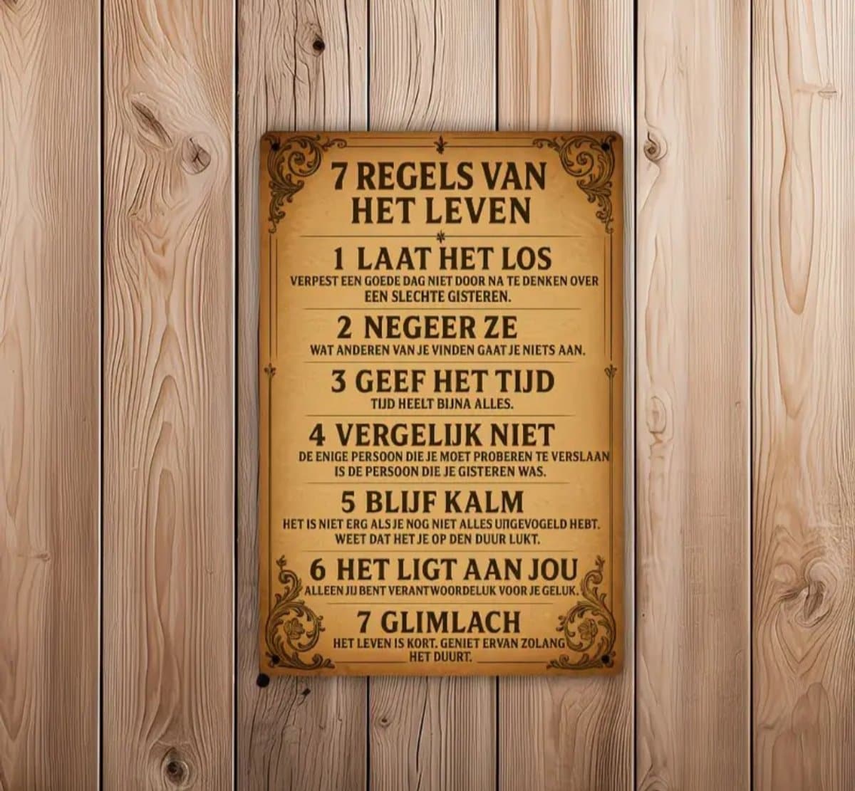 7 Regels van het Leven Wandbord – Inspirerende Tekst Decoratie – Vintage Stijl – 20 × 30 cm — afbeelding 1