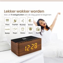 Neveda Digitale Wekkerradio Met Draadloze Oplader Telefoon - Wekkers digitaal op netstroom - Klokradio Slaapkamer - Voor kinderen & Volwassenen - Bruin hout — thumbnail 3
