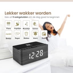 Neveda Digitale Wekkerradio Met Draadloze Oplader Telefoon - Wekkers digitaal op netstroom - Klokradio Slaapkamer - Voor kinderen & Volwassenen - Grijs Hout — thumbnail 3