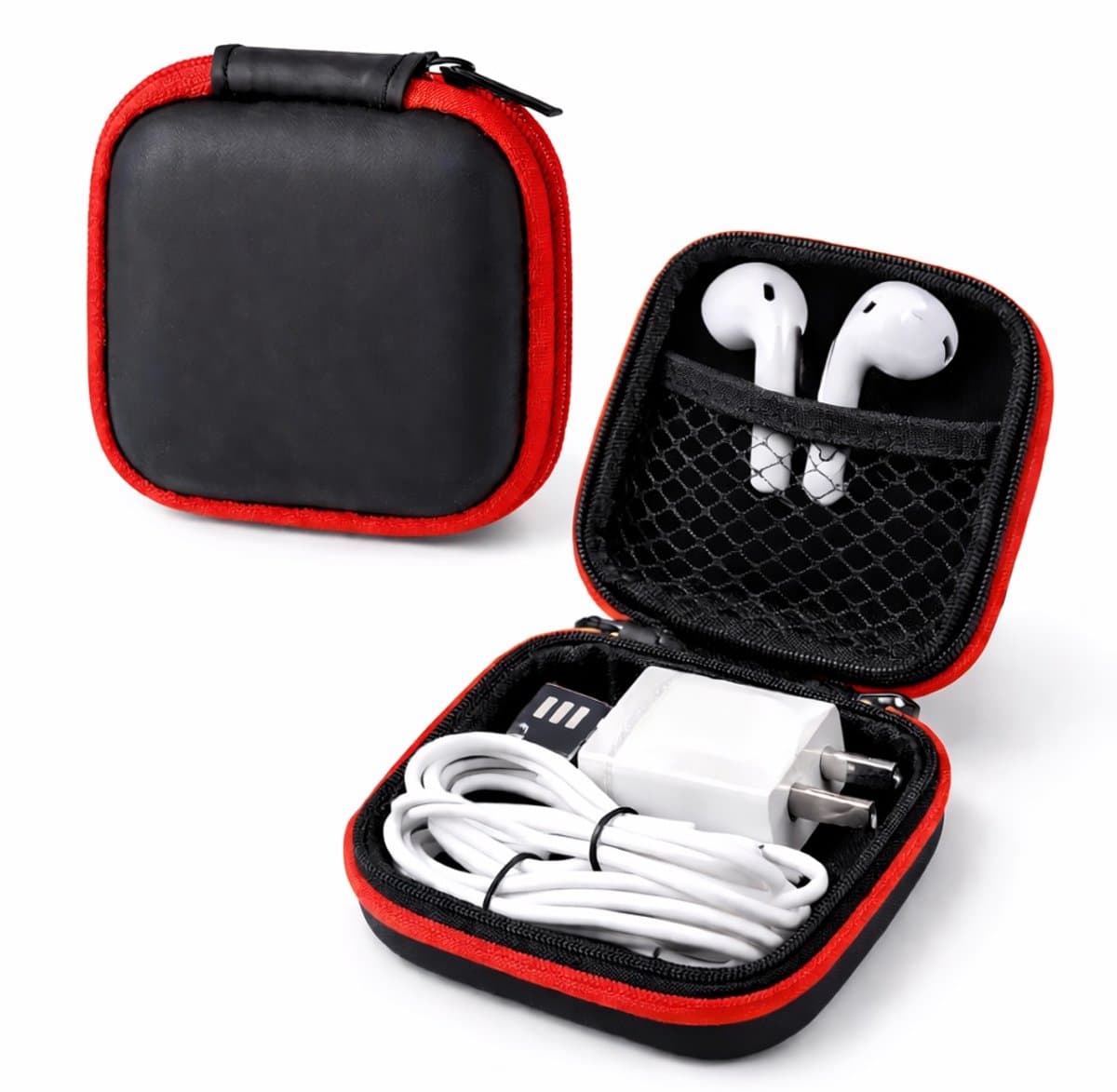 Oortjes Opberg Hoesje Voor Earphnes I Case Voor In-ear koptelefoon I Oortyejs Case | Headphone Organizer | Opbergcase Laadkabels I Zwart/Rood — afbeelding 1