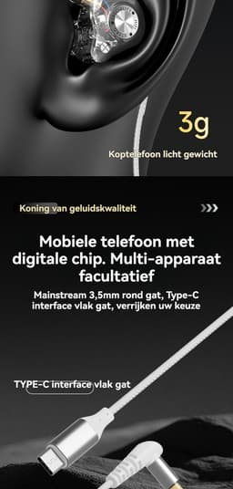 Bedrade In-ear Koptelefoon – HiFi Geluid – Afneembare 2-Pins Kabel – 3g Lichtgewicht – Ingebouwde Microfoon – Type-C / 3,5mm – Voor Muziek en Gaming — thumbnail 2