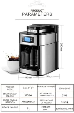 Koffiemachine met Bonenmaler – Volautomatisch Koffiezetapparaat 1L – LCD Display & Timerfunctie – Voor Verse Koffiebonen en Gemalen Koffie – RVS — thumbnail 5