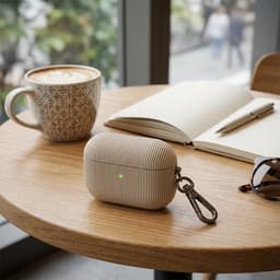 Luxe geribd hoesje voor oordopjes – Vertical Stripe design met sleutelhaak, geschikt voor AirPods 4 (Grijs) — thumbnail 2