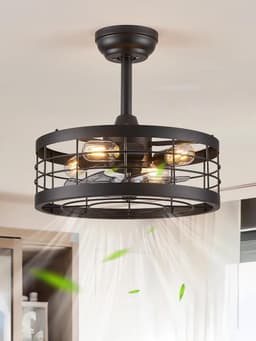 Industriële Plafondventilator met Verlichting in Zwarte Kooi - Stijlvolle Ventilator met Afstandsbediening — thumbnail 1