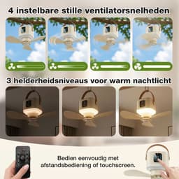 MUPOO Ophangbare ventilator lamp & Tafelstatief - 7200mAh Draadloos - Afstandsbediening - 4 Standen, Timer & Anti-Mug - Stille Motor & Type-C Opladen -plafonniere met ventilator Voor Tuin & Caravan — thumbnail 2