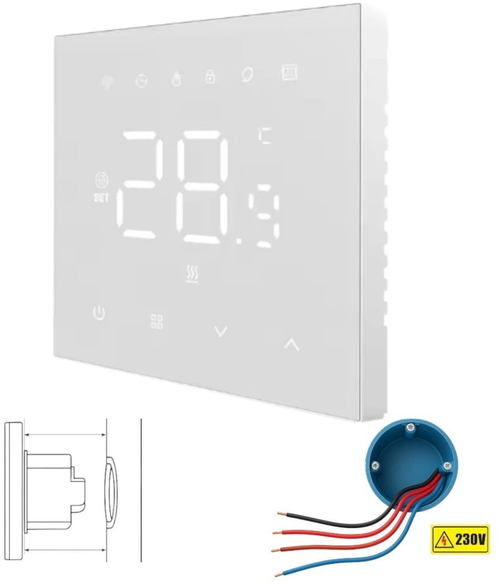 Slimme thermostaat | Inbouw 4-draads voor vloerverwarming | WiFi Tuya Touchscreen | 16A | 0-40°C | Wit — afbeelding 1