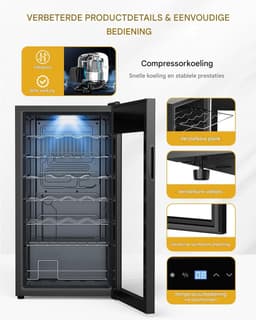 Vrijstaande Wijnkoelkast 82 Liter - Wijnklimaatkast voor 28 Flessen - Digitale Touch Temperatuurregeling - LED Binnenverlichting - 84 cm Hoge Wijnkoeler - Energieklasse G Wijnkoelkast voor Thuisgebruik - Wijnkoeler - Wijnklimaatkast — thumbnail 5