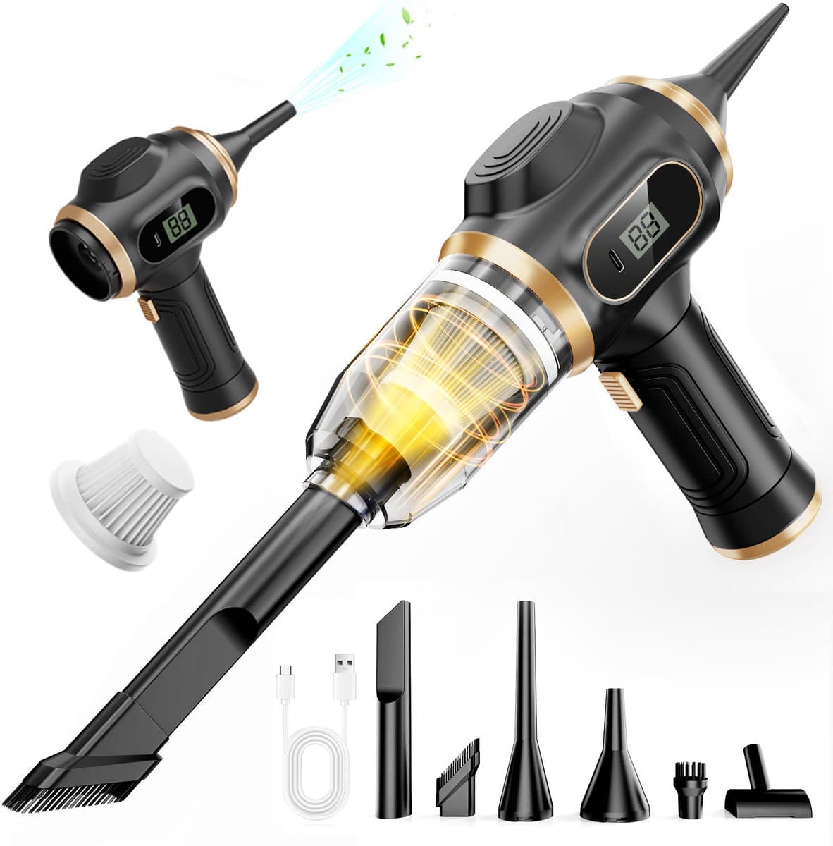 Draagbare autostofzuiger, draadloze mini handstofzuiger, oplaadbaar, met lcd-display en meerdere mondstukken, krachtige handstofzuiger voor auto, huis, kantoor, bank, dierenharen en toetsenbord (zwart) — afbeelding 1