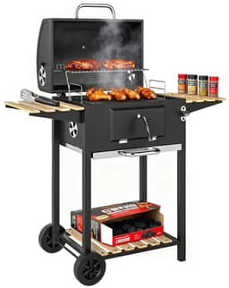 Premie Houtskool Barbecue - Smoker Barbecue - Barbecuegrill - Grillwagen - in Hoogte Verstelbare Houtskoolbak - Houtskoolgrill met Deksel, Flesopener, Thermometer, Planken - Verplaatsbaar - BBQ voor buiten, tuin - Zwart — thumbnail 5
