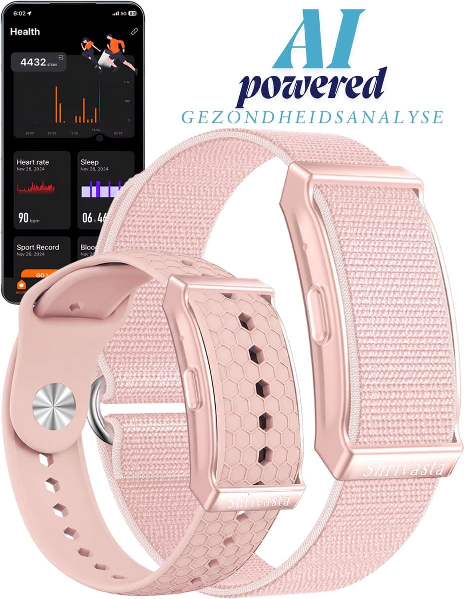 Shrivasta Activity Tracker Plus | armband met AI-Gezondheidsanalyse & Lichaamstemperatuur meting | Dames & Heren | Roze | Hartslag | SpO₂ | Slaapmonitor | Stress | Menstruatiecyclus | Inclusief 2 Armbanden (siliconen & Nylon) – Waterdicht — afbeelding 1