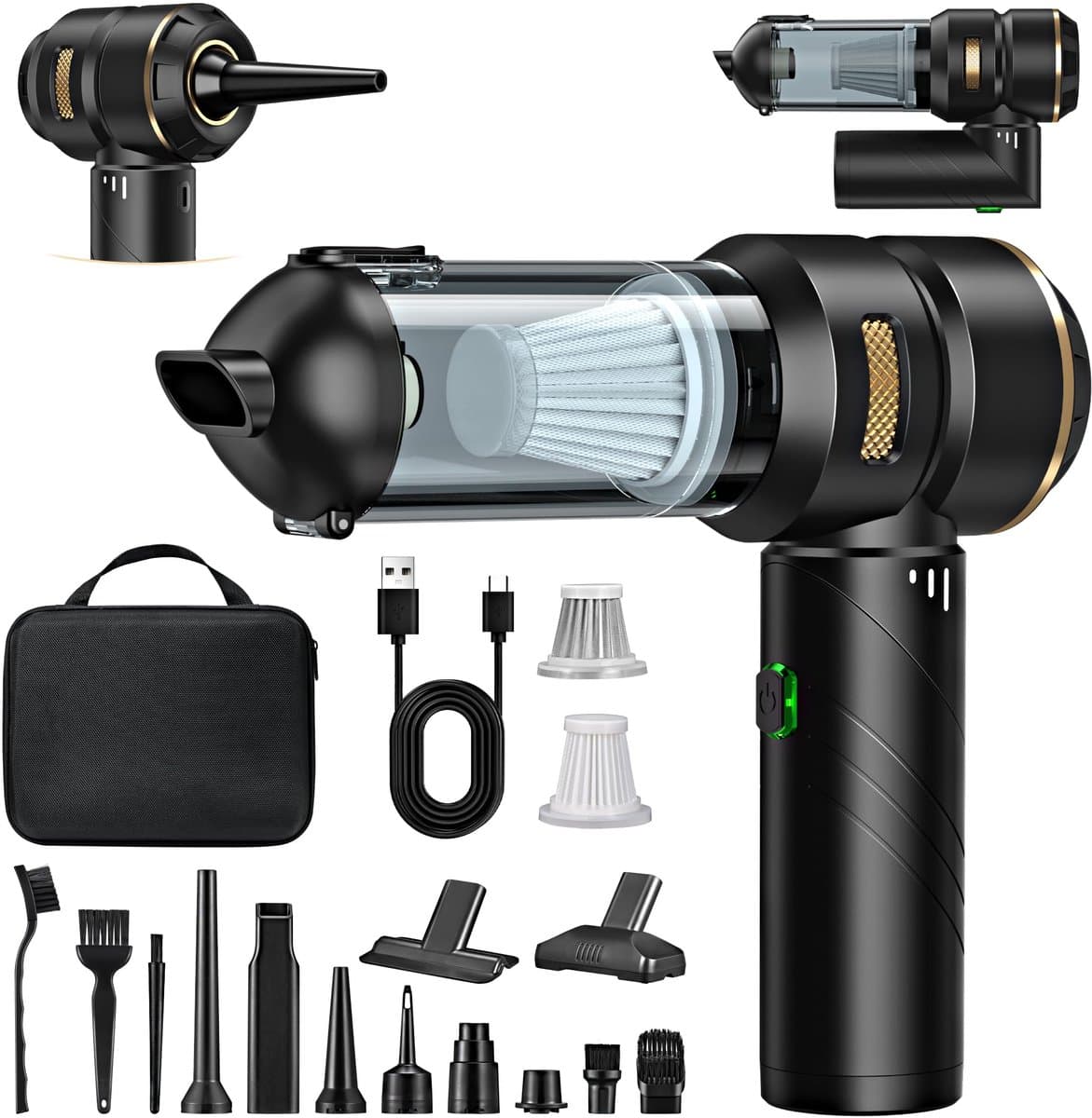 Namajunas - 4-in-1 Auto Stofzuiger - Kruimeldief - Mini Bladblazer - Zuigen & Blazen - Oplaadbaar - 15 Opzetstukken - Handstofzuiger - Airduster - Kleine Stofzuiger - Draadloze stofzuiger - Air Duster - Nat & Droog - Zwart — afbeelding 1