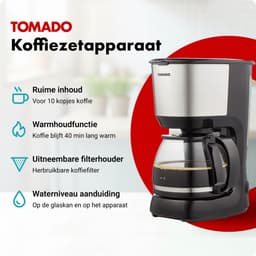 Tomado TCM1201S - Koffiezetapparaat - Filterkoffie - Warmhoudfunctie - Herbruikbaar filter - 10 koppen - Zwart/rvs — thumbnail 2