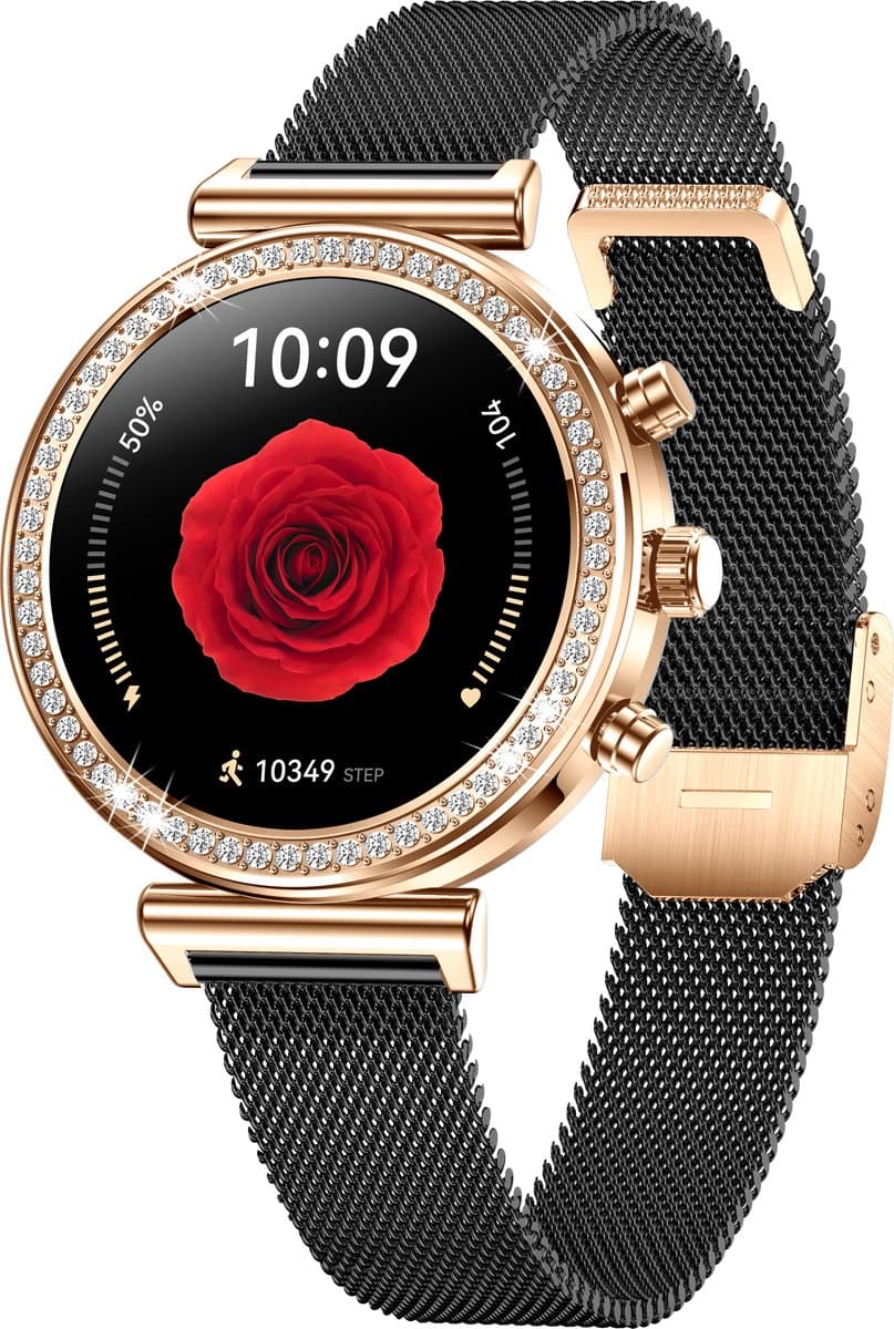 Knobbout Luxe Dames Smartwatch 1.27” Scherm met Kristallen – Bluetooth Bellen – HD Touchscreen – Hartslag, Bloeddruk & SpO₂ Monitoring – Vrouwelijke Gezondheidsfuncties – AI spraakassistent– IP68 Waterdicht – Zilver stalen band — afbeelding 1
