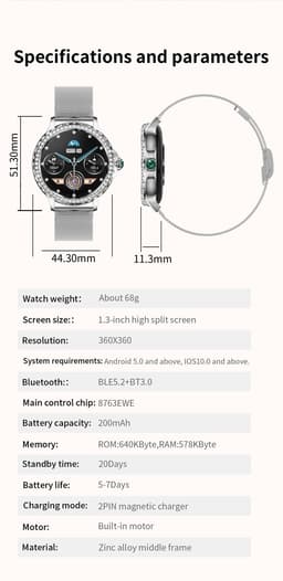 Knobbout Luxe Smartwatch voor Dames – Met Sprankelende Kristallen-1.3" Scherm IPS HD Touchscreen – Bluetooth 5.2 Bellen – Hartslag & Bloeddrukmeting – IP68 Waterdicht – Zilverkleurige Roestvrijsta — thumbnail 2