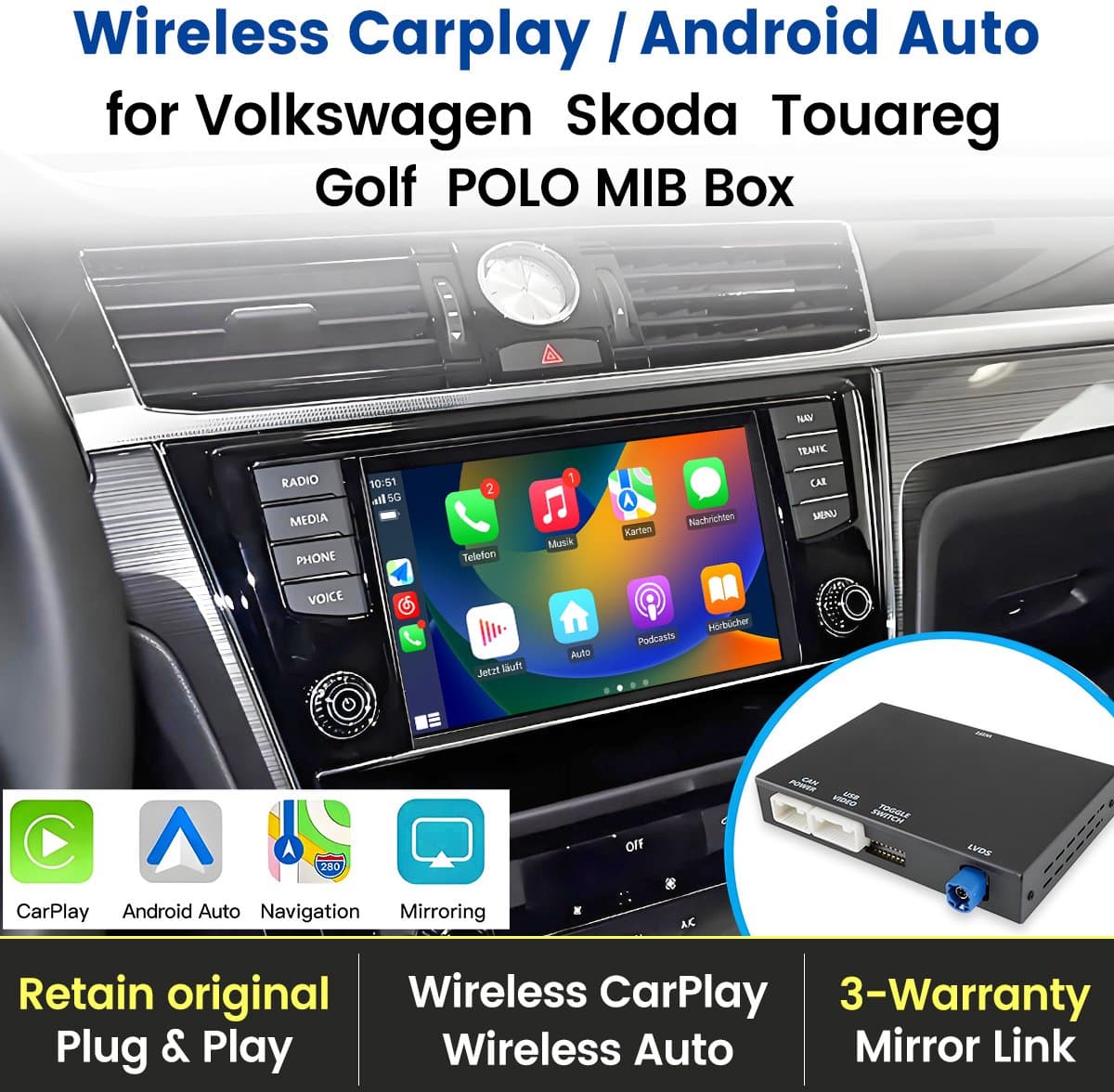 Draadloze CarPlay & Android Auto MIB Interface Geschikt voor VW, Skoda, Seat – Inclusief Navigatie, Schermspiegeling & Achteruitrijcamera voor Touareg, Golf, Polo (2011-2019) — afbeelding 1