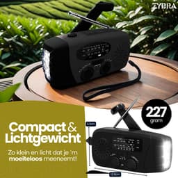 Zybra® Draagbare Noodradio - Powerbank 2000 mAh - Zaklamp - Solar opwindbaar - SOS alarm - USB-C kabel - Noodpakket - Kunststof - Zwart — thumbnail 3