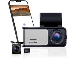 Autosky 4K Dashcam voor Auto & Vrachtwagen – Met Achtercamera – GPS, WiFi, Nachtzicht & 64GB – Groothoek & G-Sensor – App Connectie
