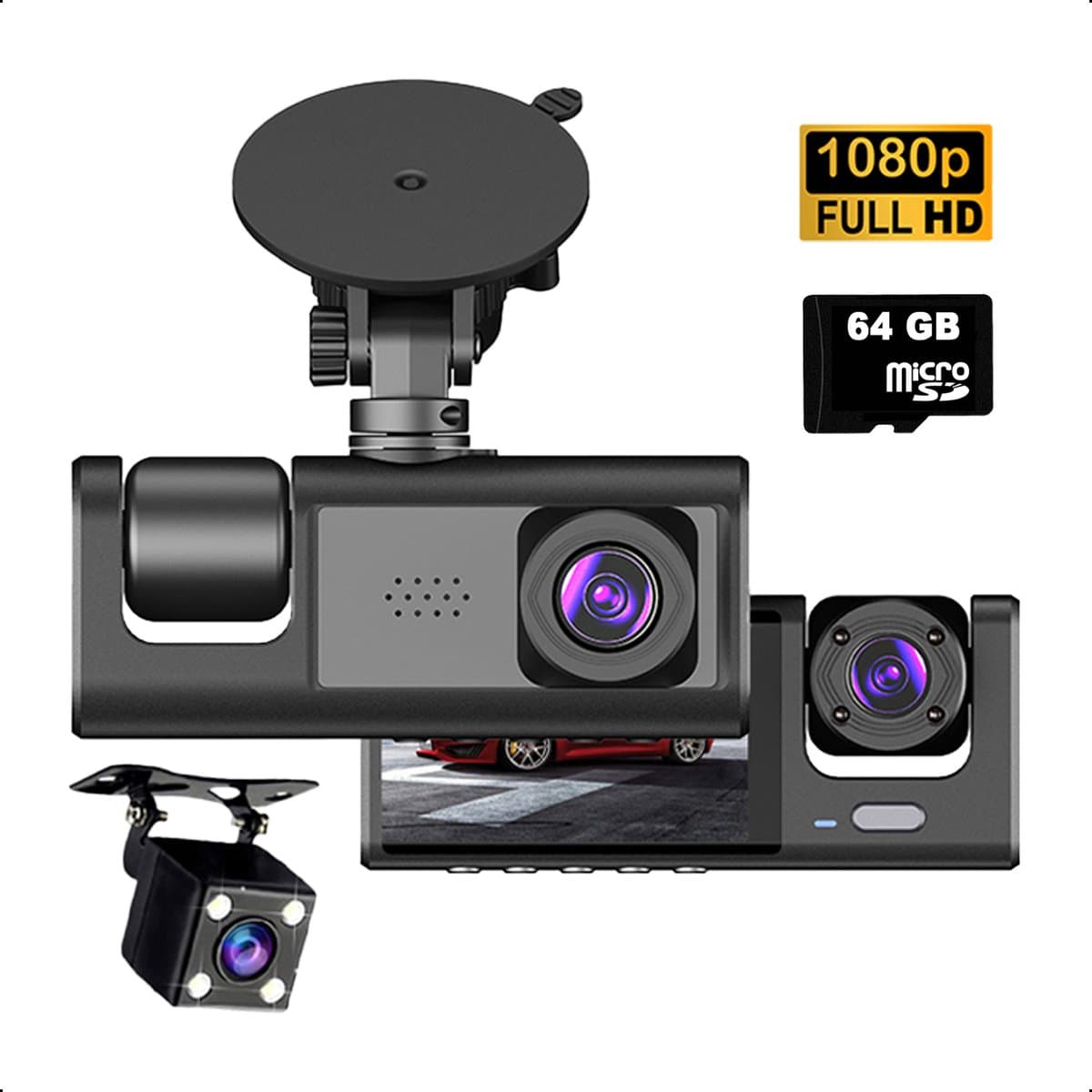Tech Essentials S1 Dashcam - 720P - SD Kaart 64GB - Met Achteruitrijcamera - USB-C - Voor Auto Camera - Voor En Achter - Nachtzicht — afbeelding 1