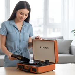 Playon Platenspeler - Platenspeler bluetooth - Platenspeler retro - Ingebouwde Speakers - Retro - Bruin — thumbnail 5