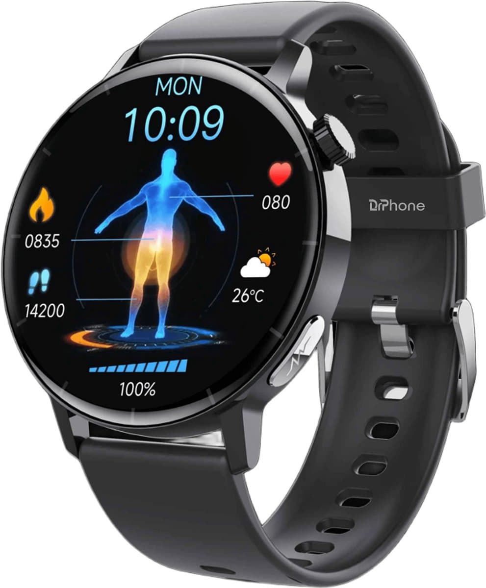 DrPhone ChronaX3 Smartwatch – ECG – Hartslag, SpO₂ - Temperatuur - 158 Sportmodi - Bluetooth Bellen - 1.41” HD - Zwart — afbeelding 1